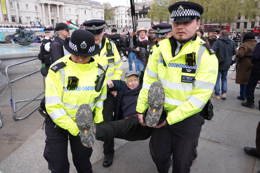 Police remove a protester at a demonstration against the ban on Palestine Action, in Trafalgar Square (Lucy North/PA) (PA Wire)