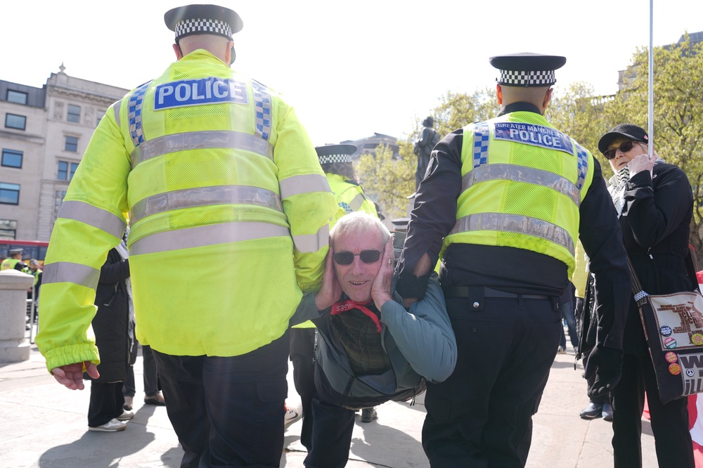 Police remove a protester at a demonstration against the ban on Palestine Action in Trafalgar Square (Lucy North/PA) (PA Wire)