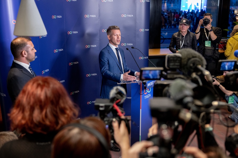 Peter Magyar, lead candidate of the Tisza party, speaks to the media after polling stations closed (Getty Images)