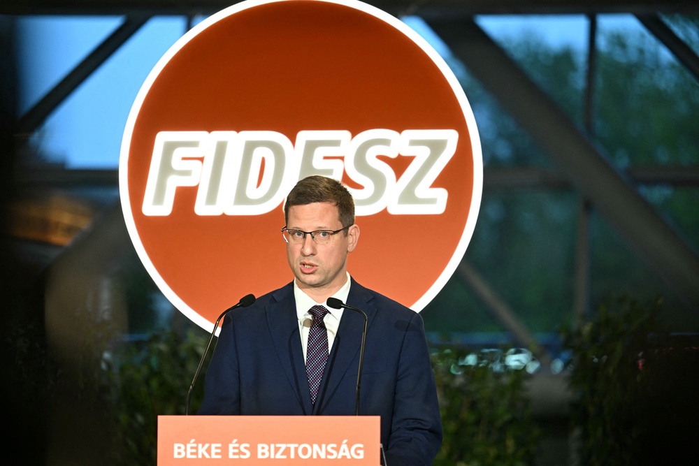 Minister of the Hungarian Prime Minister's Office Gergely Gulyas addresses the press during the general election at the Balna centre in Budapest (AFP via Getty Images)
