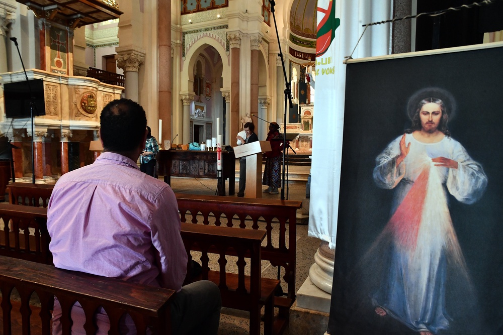 A man sits inside the Basilica of Saint Augustine in Annaba, eastern Algeria (AP)