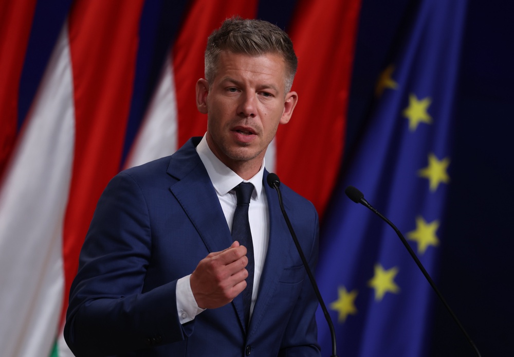 Peter Magyar holds a press conference after his party’s sweeping victory (Getty)