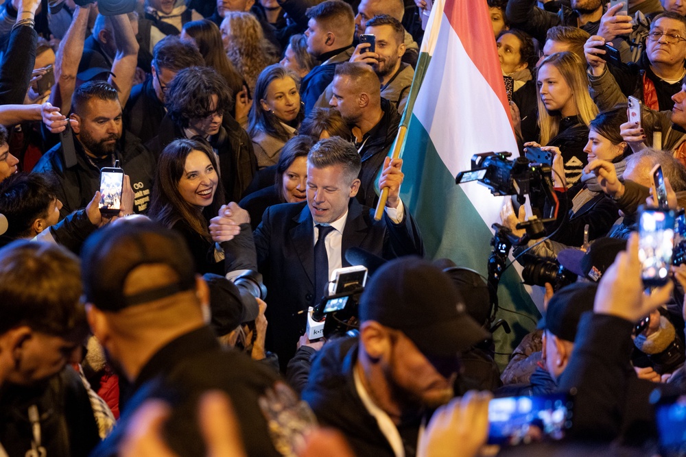 Peter Magyar, lead candidate of the Tisza party, greets his supporters after the Tisza party won the parliamentary elections on April 12, 2026 in Budapest, Hungary (Getty Images)