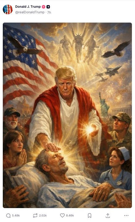 The AI-generated image, shared on Truth Social, portrayed Trump wrapped in robes and reaching out to heal a sick man, while beams of light streamed from his hands (@realDonaldTrump/Truth Social)
