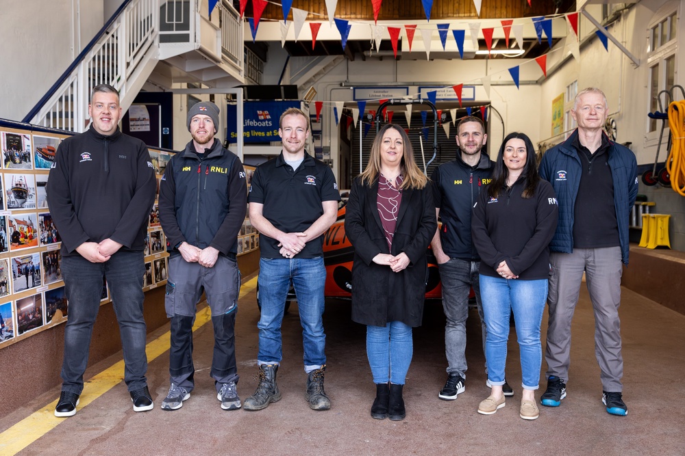 Mandy Galloway (centre) said it was ‘amazing’ to be reunited with some of the RNLI volunteers who saved her life (RNLI/Nathan Williams) (PA Media)