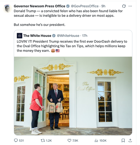 ‘Donald Trump — a convicted felon who has also been found liable for sexual abuse — is ineligible to be a delivery driver on most apps,’ Newsom’s official press office X account quipped. ‘But somehow he’s our president’ (@GovPressOffice/X)