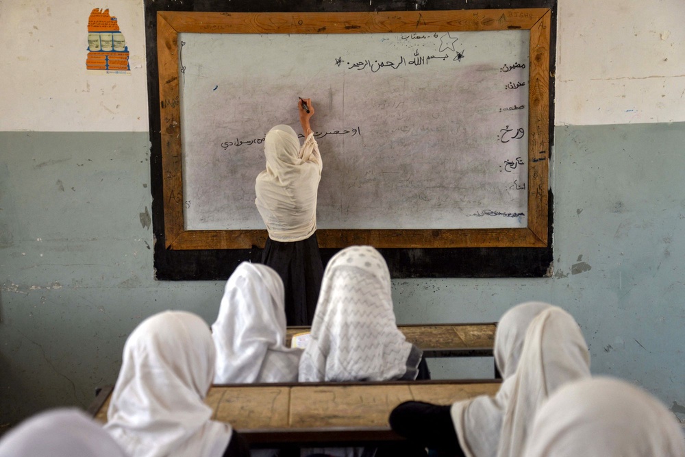 Afghan primary school girls attend their class at a school in Kandahar on September 7, 2025. (AFP via Getty Images)