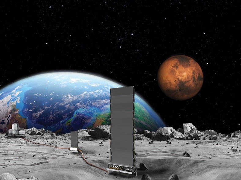 This NASA concept image shows nuclear reactors on the surface of the moon, next to the Earth and Mars. Fission surface power will help provide continuous energy on the moon (NASA)