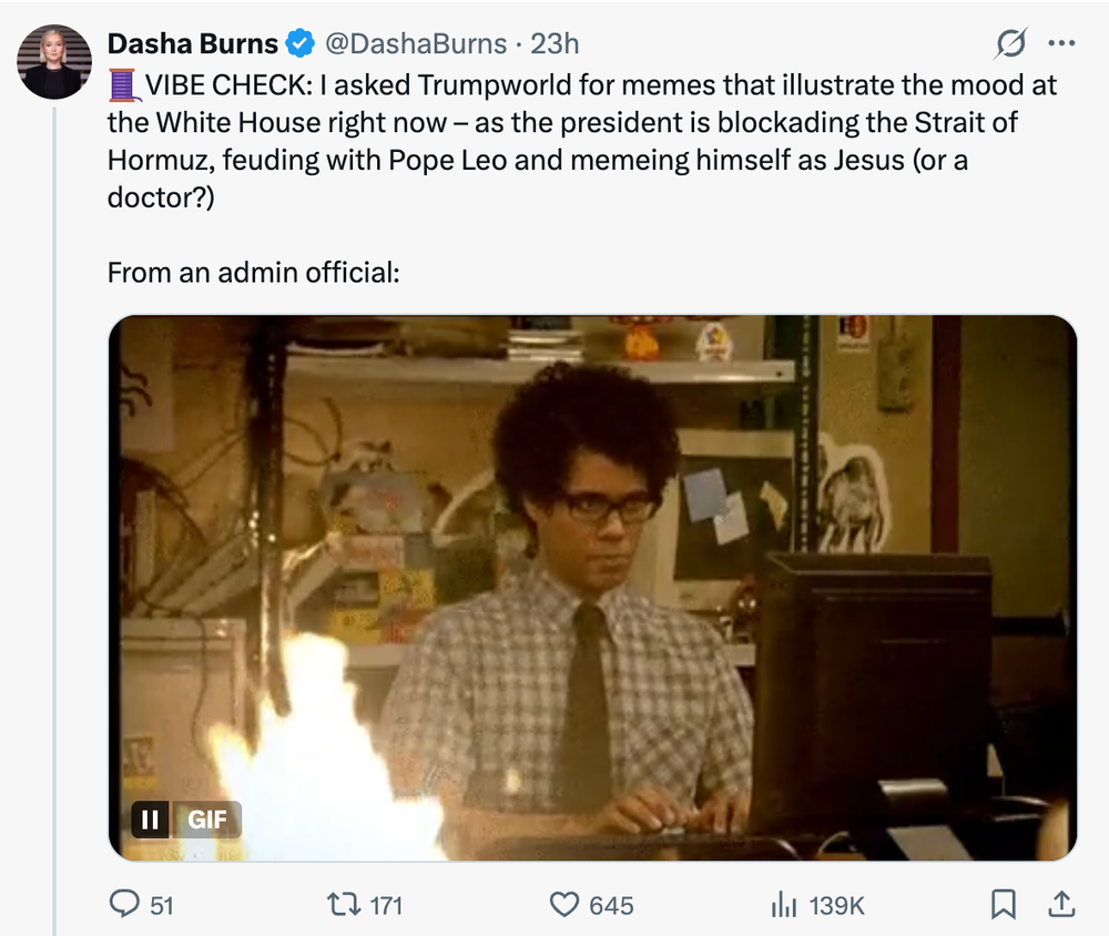 One administration official sent Burns a GIF from the British sitcom The IT Crowd, showing protagonist Moss typing at a computer as a fire burns nearby. (Dasha Burns/X)