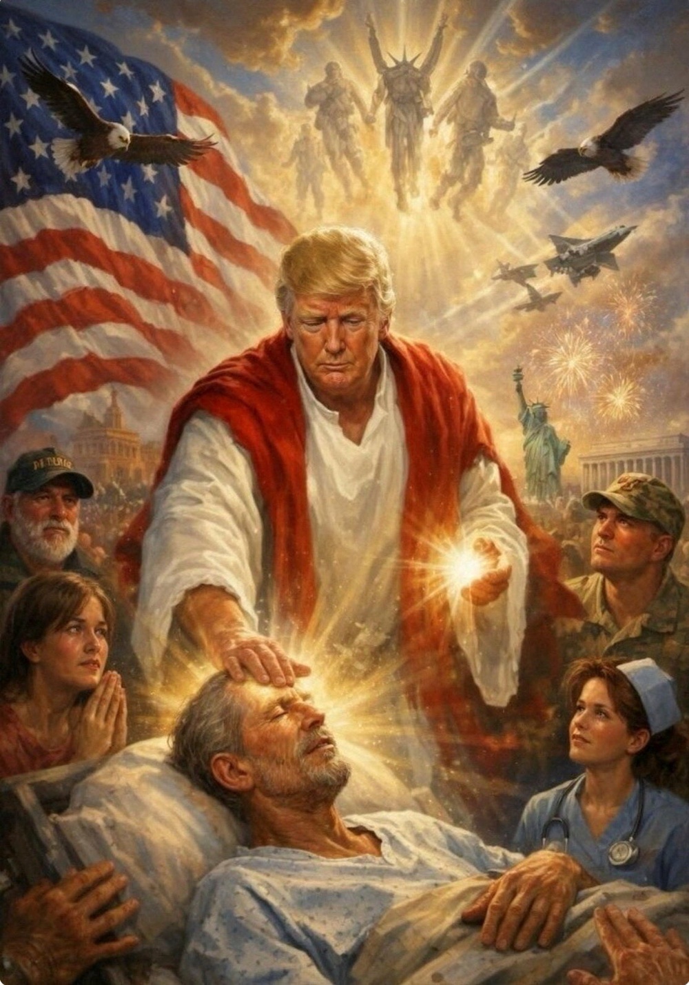 Trump defended an earlier AI-generated image depicting him as Jesus Christ saying he thought it was ‘a picture of me being a doctor.’ The image was later deleted from his Truth Social account (@realDonaldTrump/Truth Social)