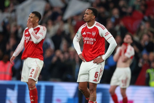 William Saliba (left) and Gabriel are two of the seven current Arsenal players to have experienced all three title near-misses (AP)