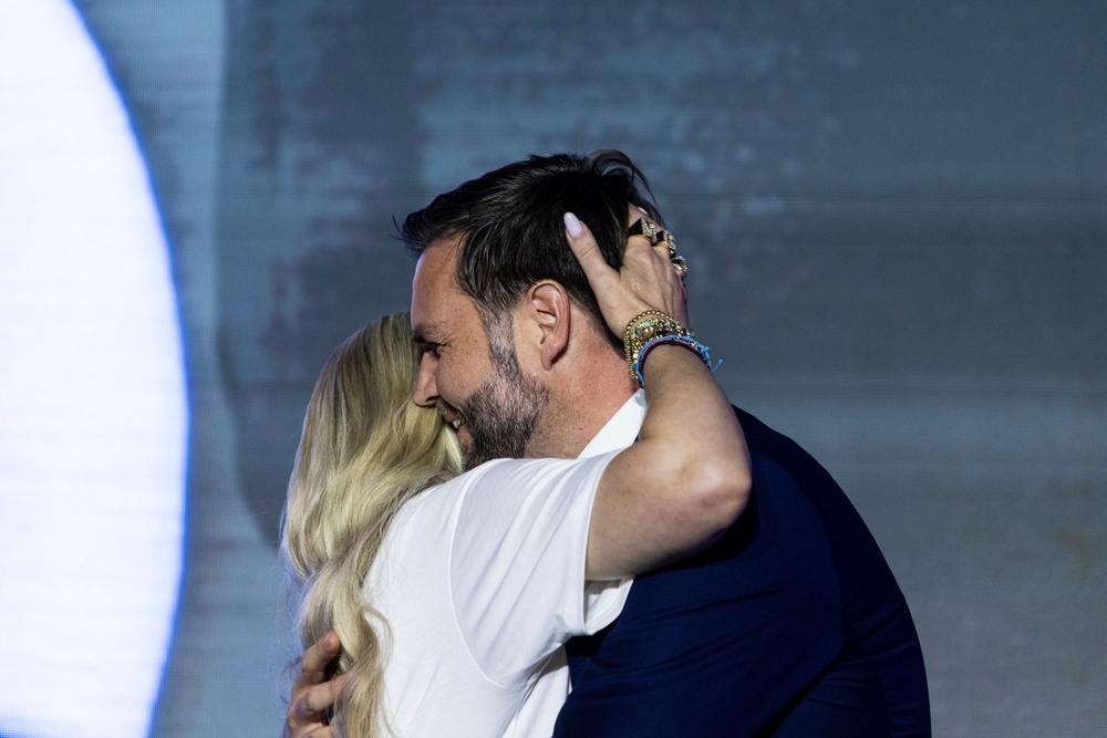 Erika Kirk and Vice President JD Vance provoked a wave of ungrounded speculation in October when they shared a tender hug onstage at a Turning Point event last year (Getty)