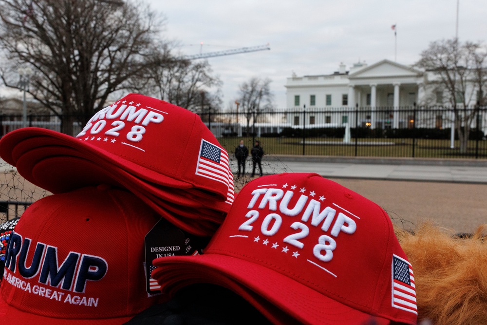 Probably the most problematic products sold on the Trump Store website are the 'Trump 2028' hats, T-shirts and beer koozies (Getty Images)