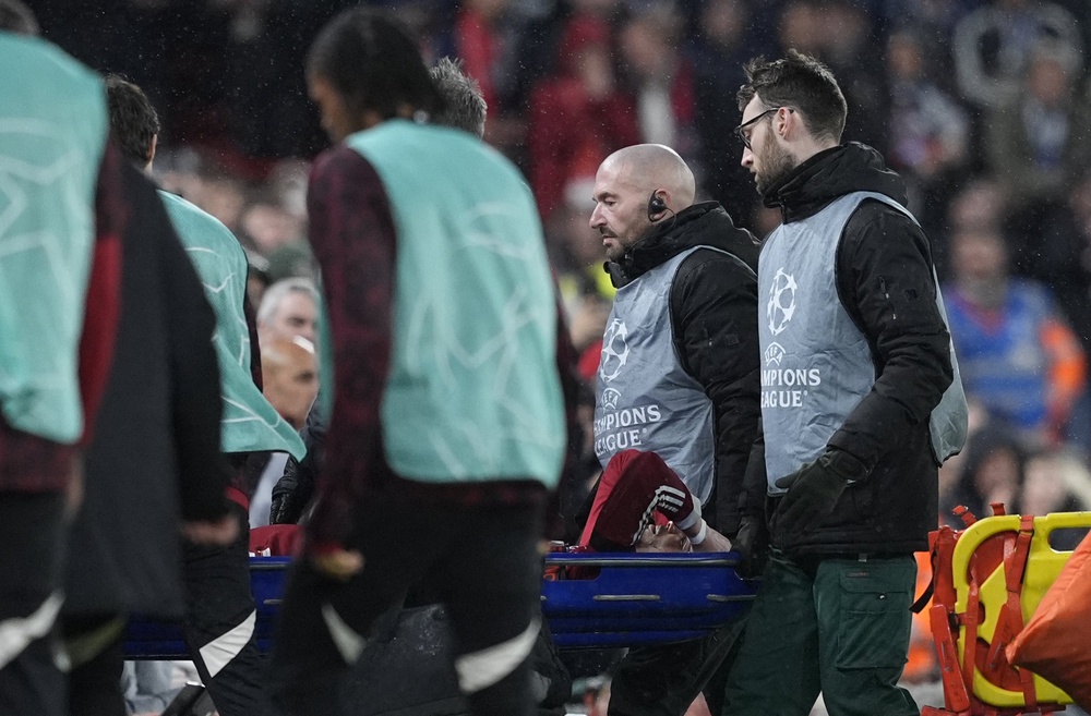Liverpool forward Hugo Ekitike is carried off on a stretcher (Peter Byrne/PA) (PA Wire)