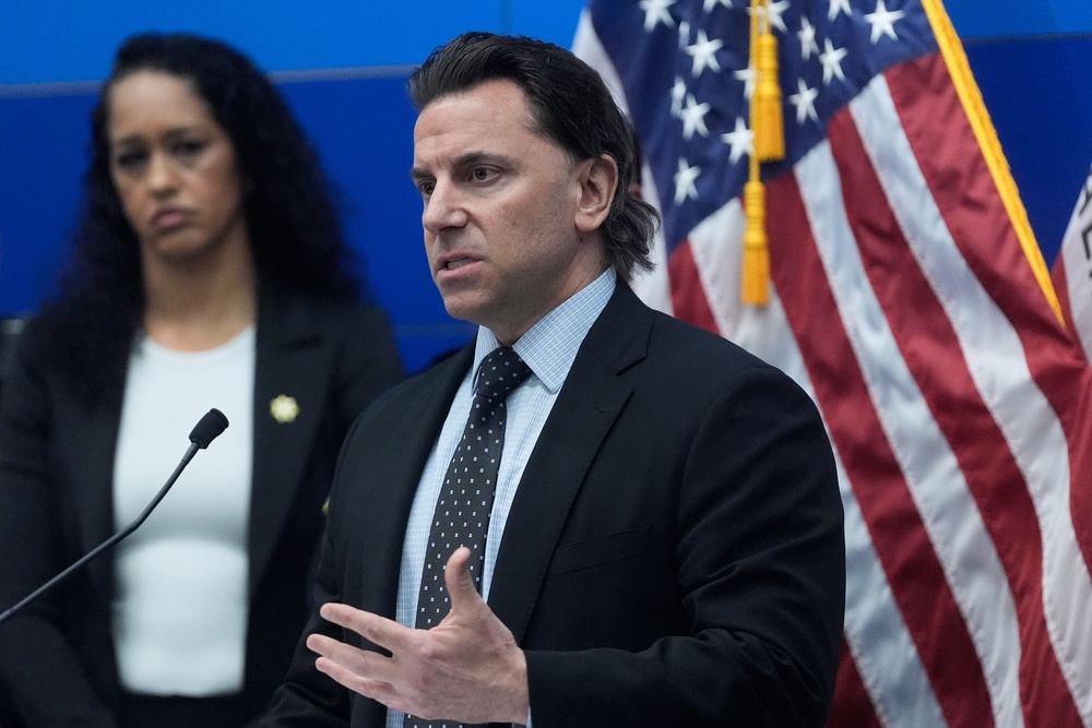 Matt Cobo, F.B.I. San Francisco Acting Special Agent in Charge, right, speaks next to San Francisco District Attorney Brooke Jenkins during a news conference (AP)