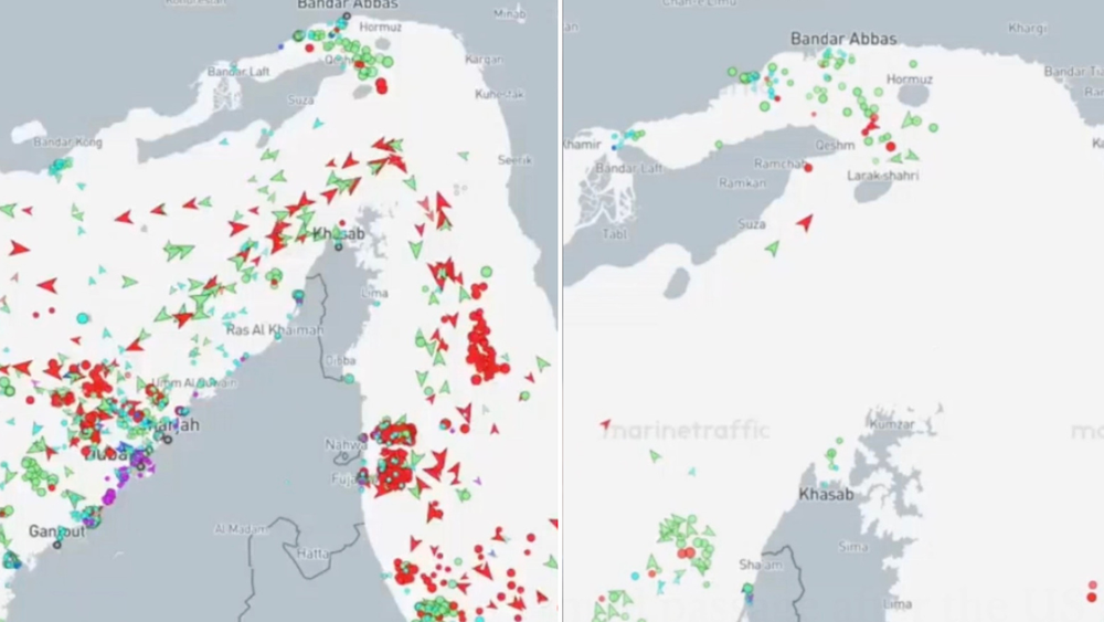 The Strait of Hormuz before the Iran war and after the US blockade (MarineTraffic)