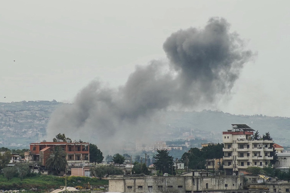 Smoke rises from the site of an Israeli airstrike that targeted the southern Lebanese village of Kfar Tibnit on April 15, 2026. (AFP/Getty)