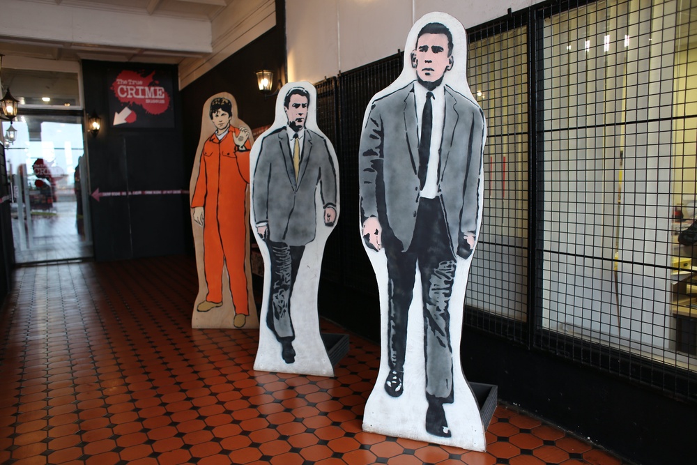 The intruder allegedly 'punched and kicked' the cardboard cutouts of the Kray twins at the entrance to the museum (The True Crime Museum)