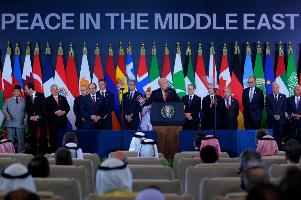 Donald Trump joins Fattah El-Sisi and other regional and European leaders for a Middle East peace summit at the Sharm El Sheikh International Congress Center on 13 October 2025 (Getty)