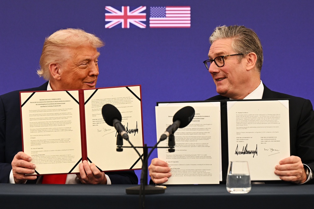Prime Minister Sir Keir Starmer and US President Donald Trump announce an agreement between the two countries during a press conference at Chequers in September (PA) (PA Archive)