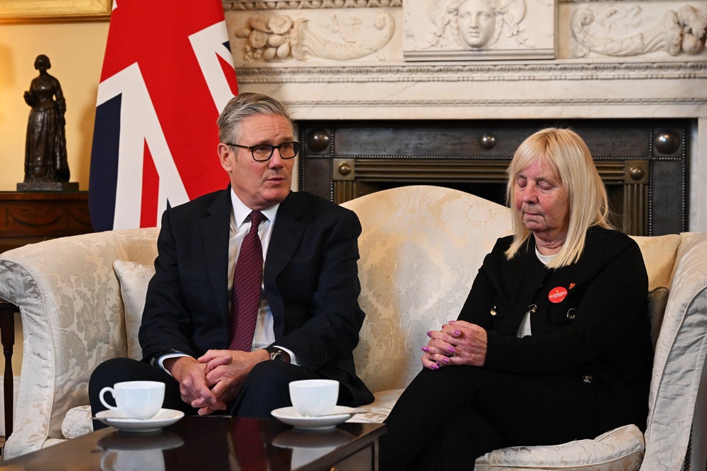 Sir Keir Starmer speaking with Margaret Aspinall, during a meeting with family members of the victims of the Hillsborough disaster (Leon Neal/PA) (PA Archive)
