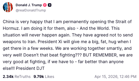 Trump’s post vowing to ’permanently open’ the strait (Donald Trump/Truth Social)