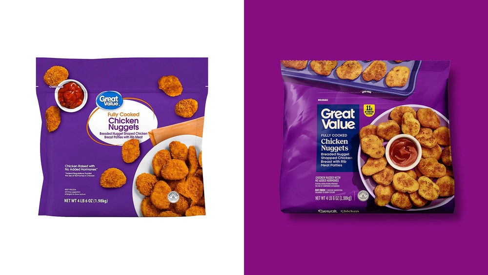 The redesign aims to make packaging easier to read by highlighting nutrition details while also using bolder food imagery instead of the brand’s traditional minimal look (Walmart)
