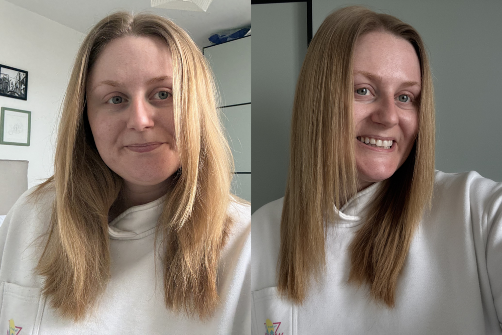 My hair before (left) and after (right) using the new glide+ brushes (Lucy Smith)