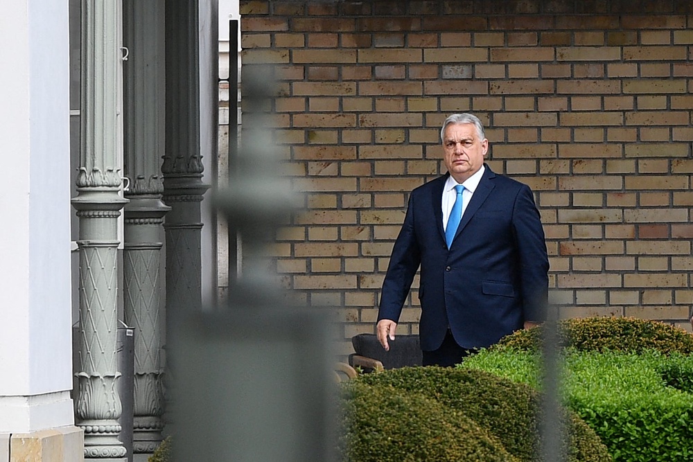 Outgoing Hungarian prime minister Viktor Orban arrives at the Presidential Sandor Palace in Budapest on 15 April (AFP/Getty)
