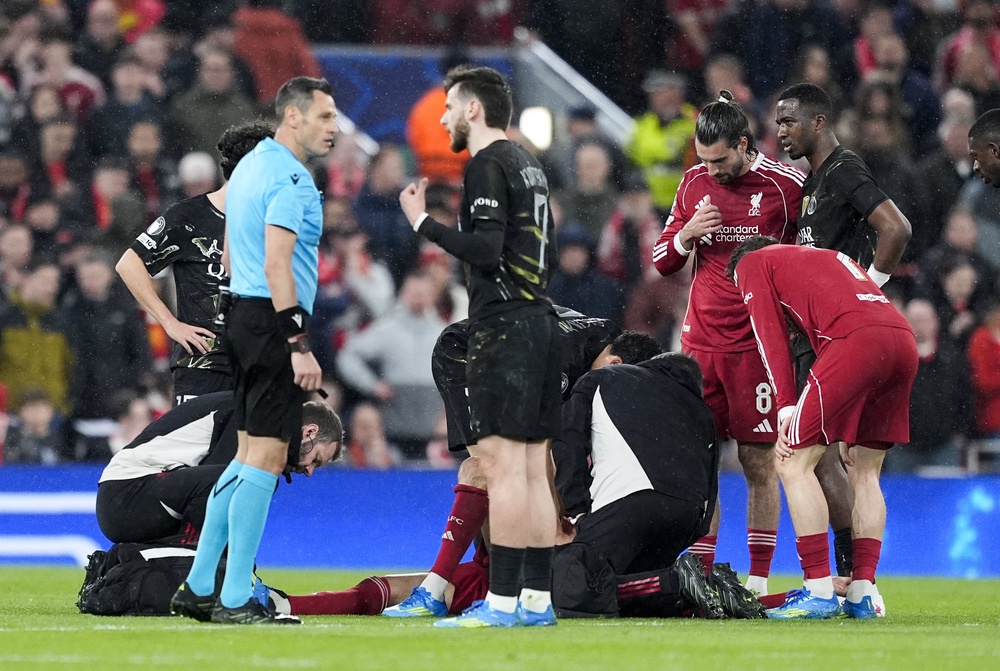 Hugo Ekitike was injured during the first half of Liverpool’s 2-0 Champions League defeat by Paris St Germain at Anfield (Peter Byrne/PA) (PA Wire)