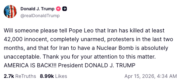 Donald Trump again attacked the Pope late on Tuesday (Donald Trump/Truth Social)