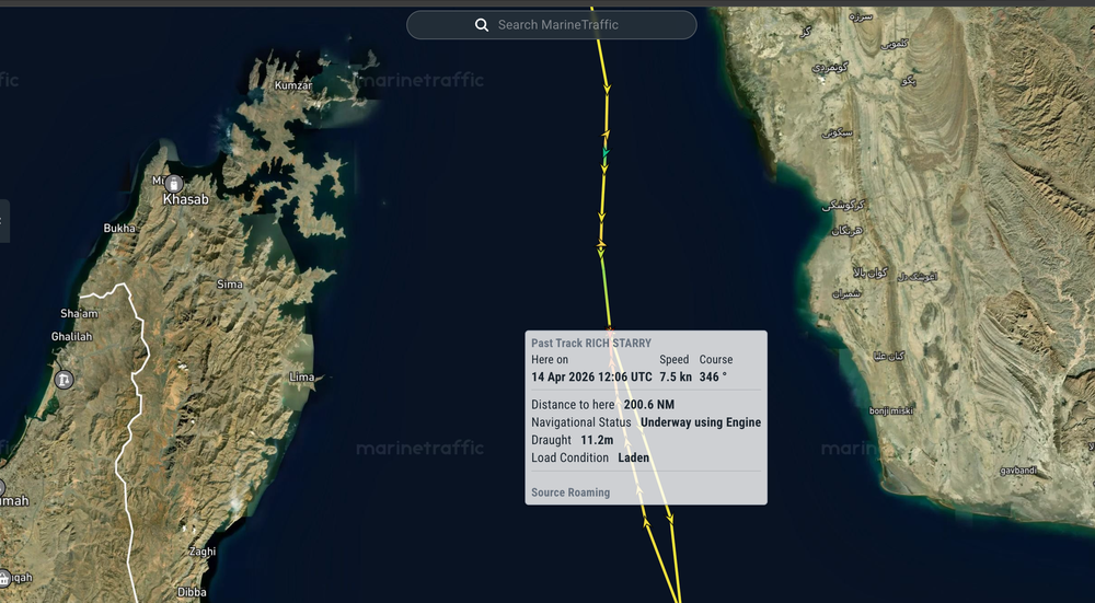 Rich Starry, a Chinese-flagged ship, made a U-turn after passing through the Strait of Hormuz (MarineTraffic)