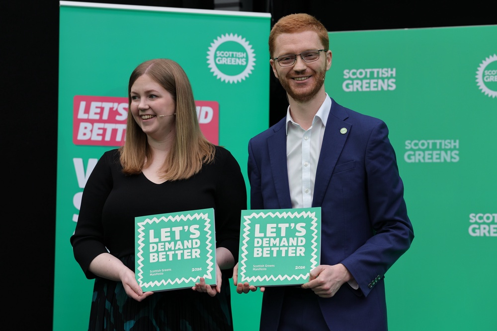 Scottish Green Party co-leaders Ross Greer and Gillian Mackay at the launch of their manifesto for the upcoming Holyrood election (Steve Welsh/PA) (PA Wire)