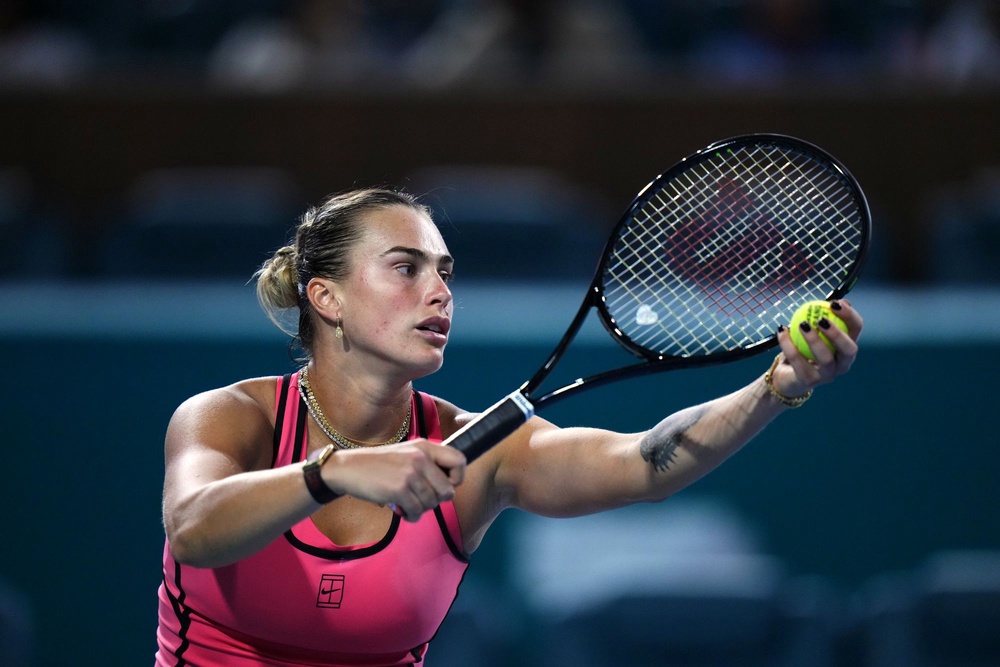 Aryna Sabalenka wears a Whoop tracker on her right arm during matches, and will now be allowed to do so at the grand slam events (Getty Images)