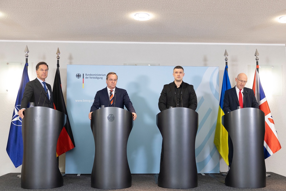 German Defence Minister Boris Pistorius (2L) NATO Secretary General Mark Rutte (L), British Defence Minister John Healey (R) and Ukrainian Defence Minister Mykhailo Fedorov (2R) attend a press conference after today's virtual meeting of the Ukraine Contact Group (Getty)