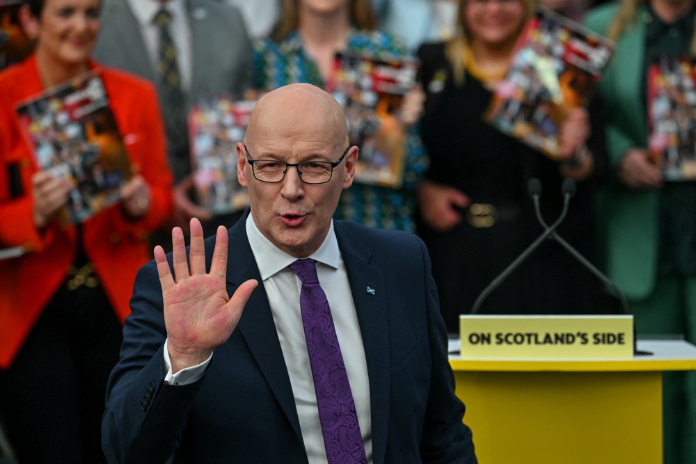 Scottish National Party (SNP) leader John Swinney takes part in the launch the SNP's 2026 Scottish Parliament election manifesto in Glasgow. (AFP/Getty)