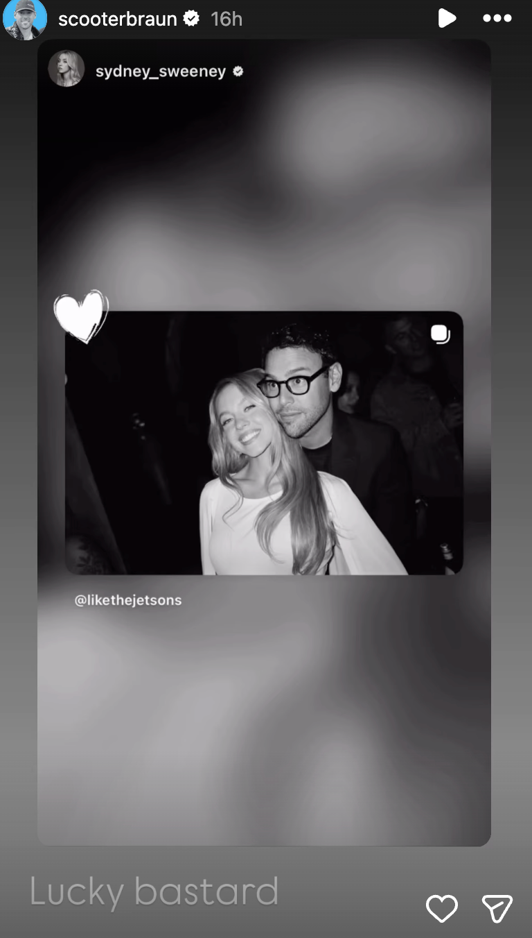 Scooter Braun called himself a ‘lucky bastard’ while resharing a photo with Sydney Sweeney (Scooter Braun/Instagram)
