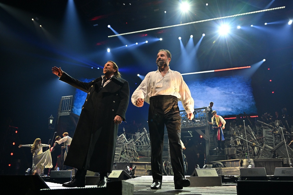 Michael Ball and Alfie Boe at the curtain call during Les Misérables: The Arena Spectacular Gala Opening at ICC Sydney Theatre on 1 May 2025 in Sydney, Australia. (Getty)