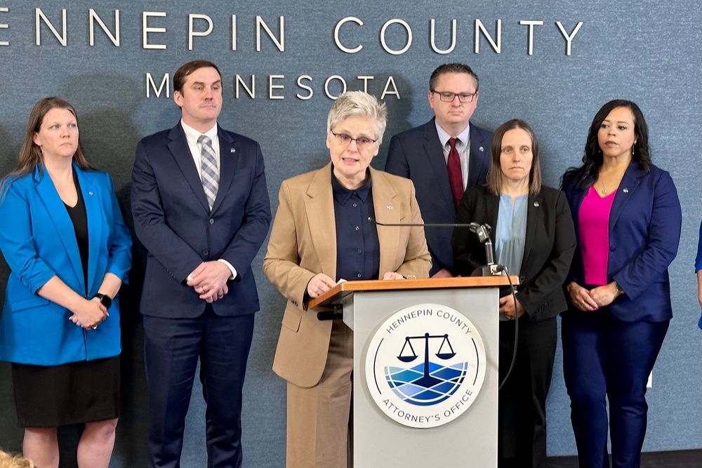 Hennepin County Attorney Mary Moriarty announces second-degree assault charges against an ICE agent who is accused of threatening motorists with a gun while driving on a highway in February (AP)