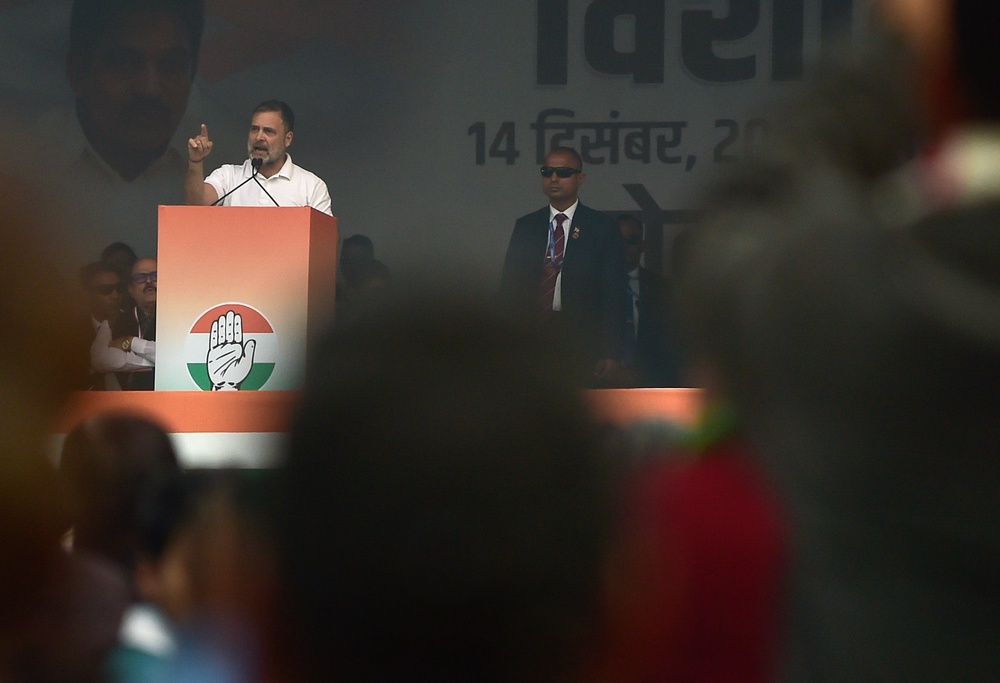 Congress party leader Rahul Gandhi speaks at a rally in Delhi on 14 December 2025 (Getty)