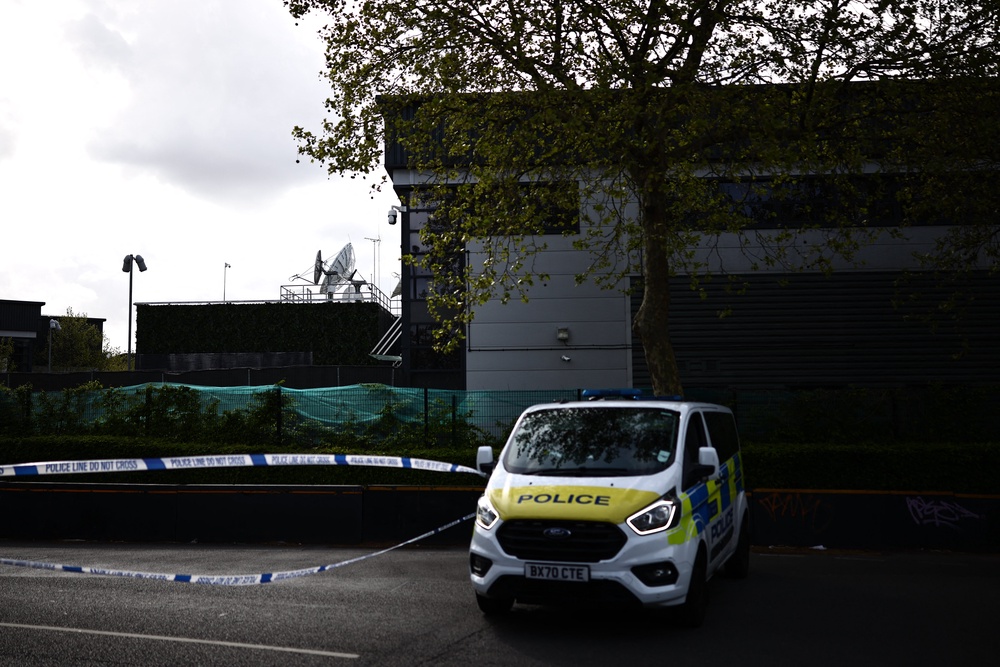 Police van parked outside of a warehouse park housing offices of a Persian-language TV station, Iran International, in Wembley (AFP/Getty)