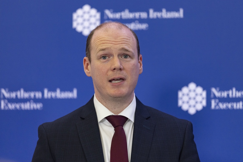 Communities Minister Gordon Lyons speaking during a press conference at Stormont Castle in Belfast following a meeting of the Northern Ireland Executive on Thursday (Rebecca Black/PA) (PA Wire)
