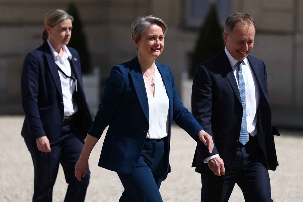 Foreign Secretary Yvette Cooper (centre) arriving at the Elysee Presidential Palace in Paris (Tom Nicholson/PA) (PA Wire)