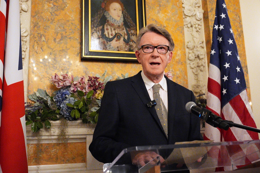 Peter Mandelson speaks during a welcome reception for Keir Starmer at the ambassador’s residence on 26 February 2025 (AFP/Getty)