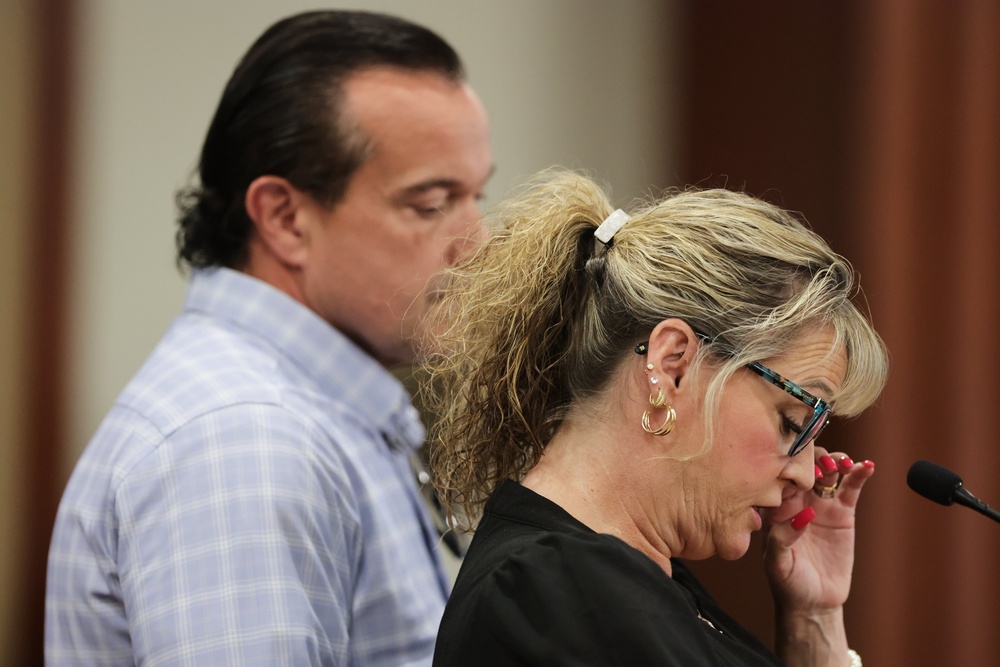 Parents of victim Kaylee Goncalves, Steve Goncalves consoles Kristi Goncalves as she speaks at Kohberger’s sentencing hearing on July 23, 2025 (Getty)