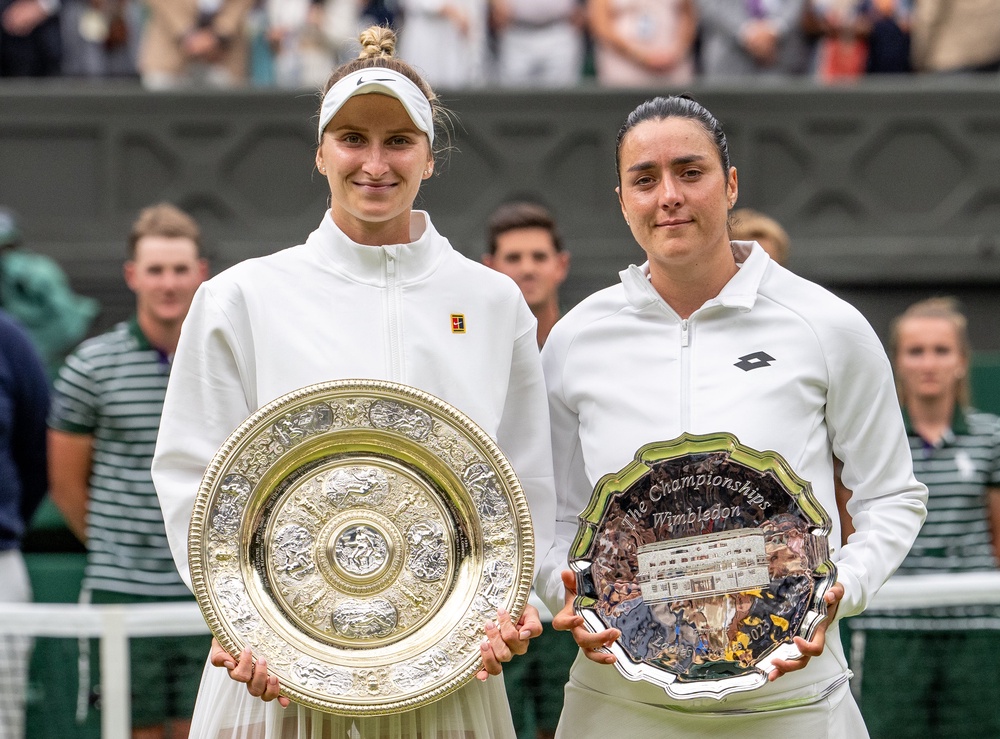 Marketa Vondrousova, left, beat Ons Jabeur, right, in the 2023 Wimbledon final (Andrew Baker/AELTC/PA) (PA Archive)