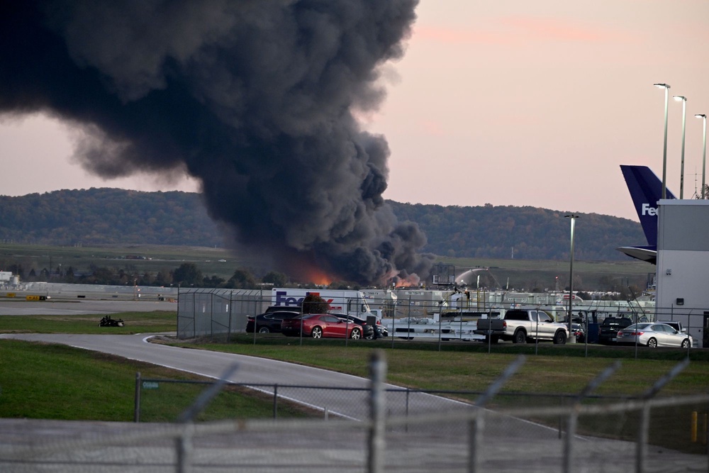 Fire and smoke mark where a UPS cargo plane crashed near Louisville Muhammad Ali International Airport on November 04, 2025 in Louisville, Kentucky (Getty Images)
