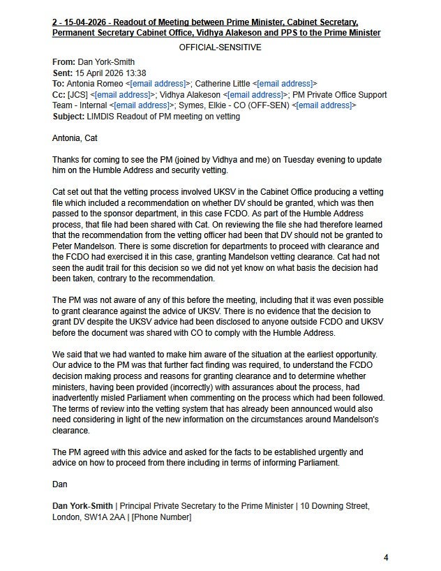 Screengrab of a document relating to the granting of Developed Vetting to Lord Peter Mandelson (Cabinet Office/PA) (PA Media)