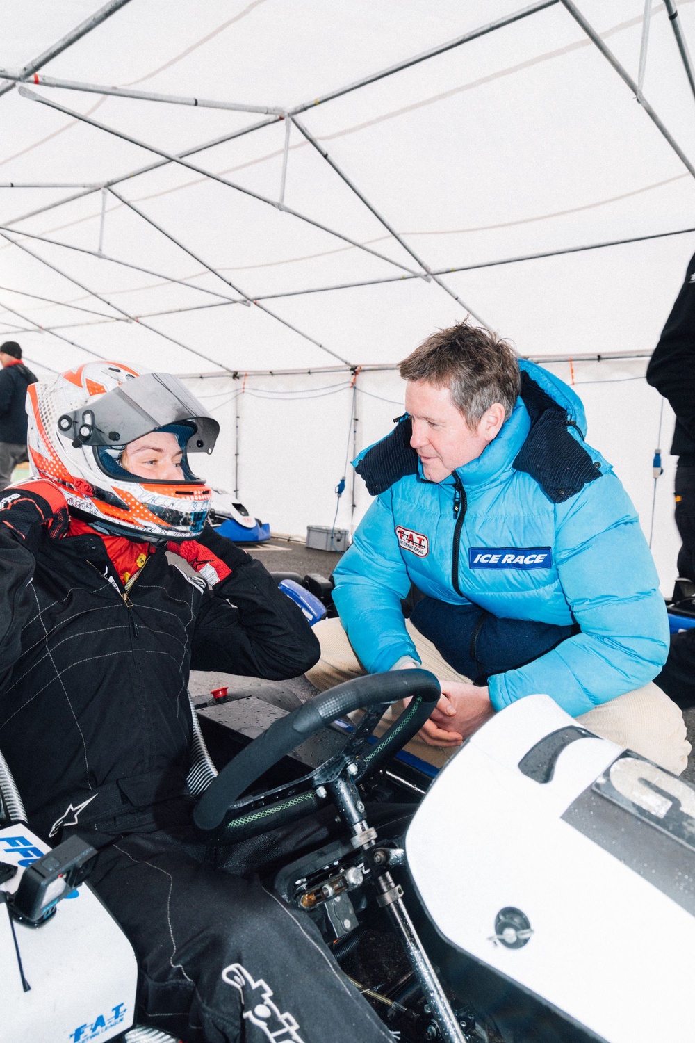 Smedley speaking to Jackson Wolny at the Formula 4 shootout event in Oxford (FAT Karting League)
