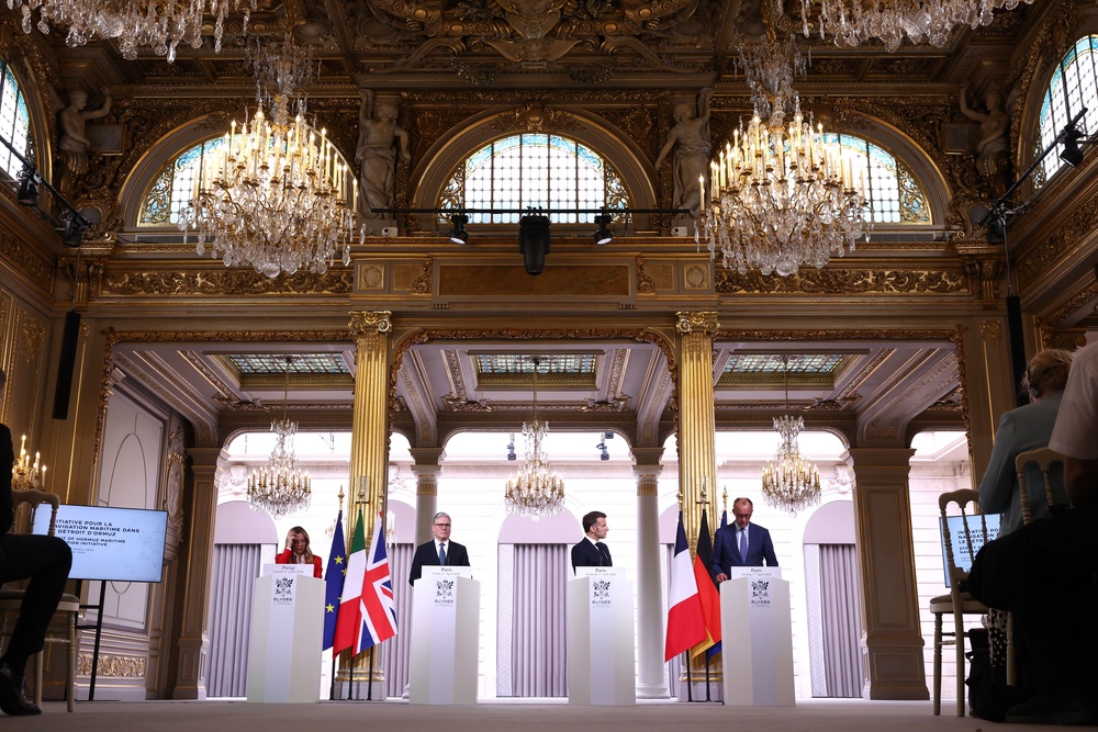 From left, Italian Prime Minister Giorgia Meloni, Prime Minister Sir Keir Starmer, French President Emmanuel Macron and German Chancellor Friedrich Merz at a press conference after a multinational coalition summit to facilitate shipping in the Strait of Hormuz (Tom Nicholson/PA) (PA Wire)